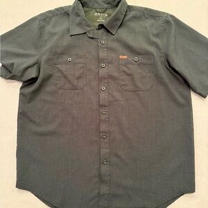 Orvis Tech Chambray Button Work Shirt Green Short Sleeve Mens Size Large XL